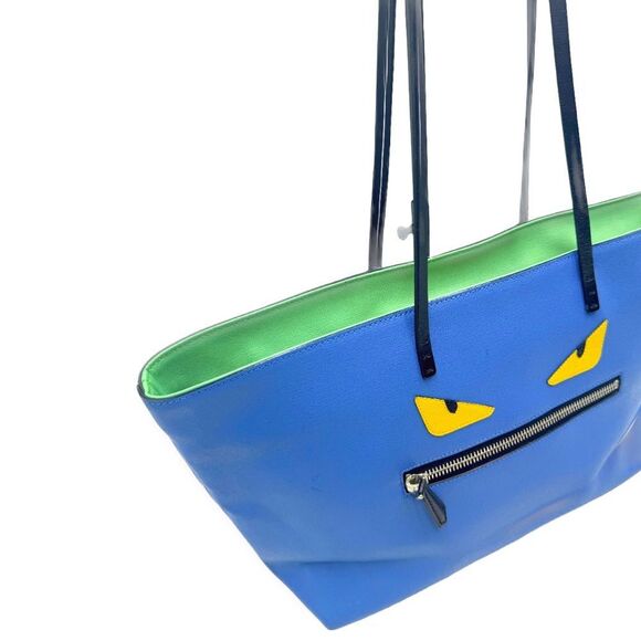 Auth Fendi Blue Leather Monster Bug Eyes Medium Shopper Tote - Picture 3 of 16